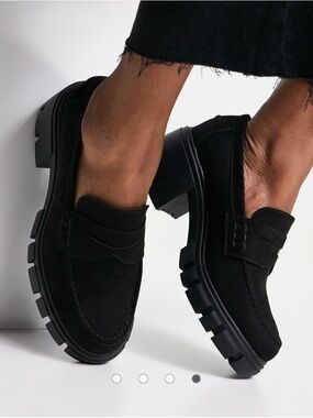 ASOS Black Suede Chunky Lug Heel Penny Loafers